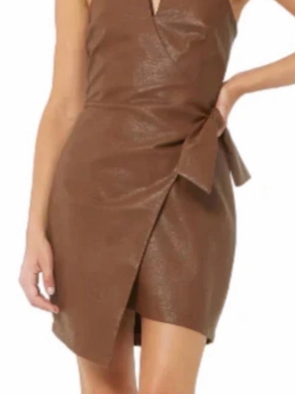 4SI3NNA Brown Faux Leather Strapless Wrap Mini Dress Bow Zip Size S NWOT